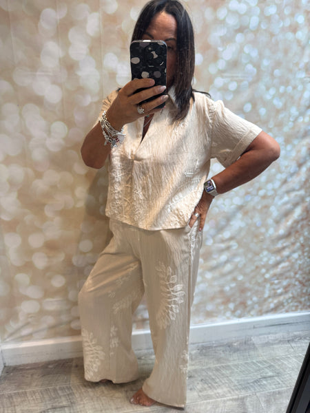 2 Piece Embroidered Leaf Palazzo Trouser / Shirt set