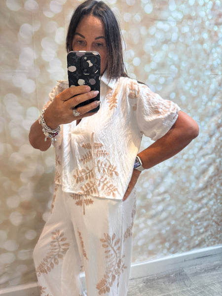 2 Piece Embroidered Leaf Palazzo Trouser / Shirt set