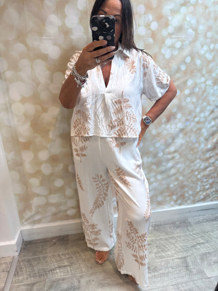 2 Piece Embroidered Leaf Palazzo Trouser / Shirt set