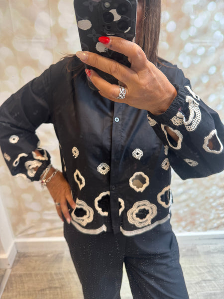 2 Piece Cut Out Embroidered Palazzo Trouser / Shirt set