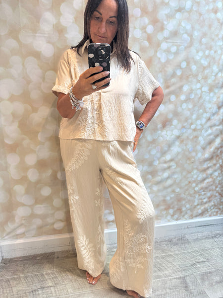 2 Piece Embroidered Leaf Palazzo Trouser / Shirt set