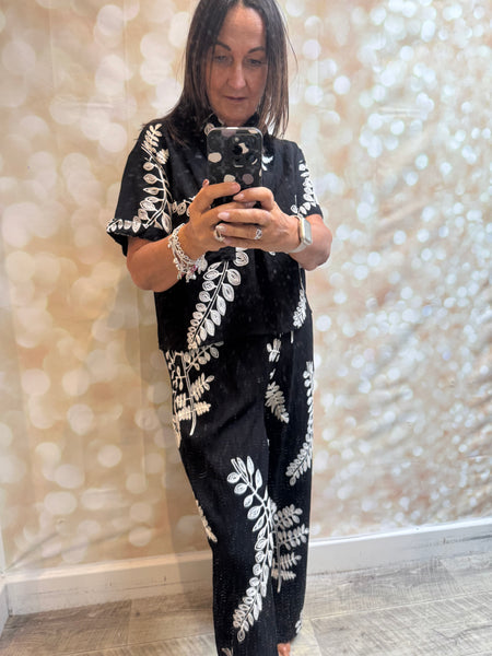 2 Piece Embroidered Leaf Palazzo Trouser / Shirt set