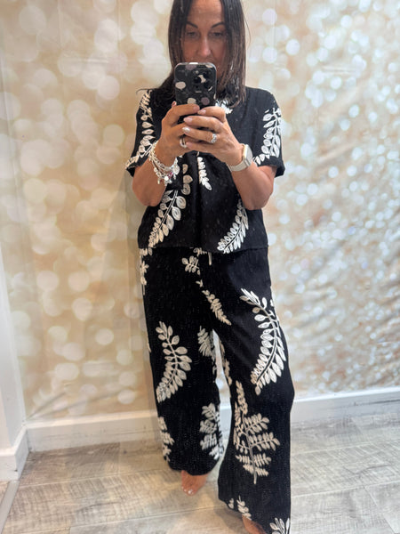2 Piece Embroidered Leaf Palazzo Trouser / Shirt set