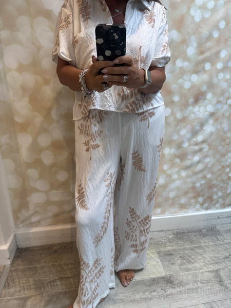 2 Piece Embroidered Leaf Palazzo Trouser / Shirt set