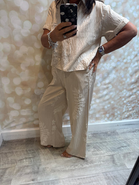 2 Piece Embroidered Leaf Palazzo Trouser / Shirt set