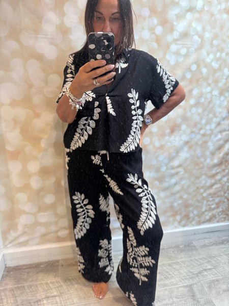 2 Piece Embroidered Leaf Palazzo Trouser / Shirt set