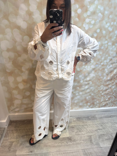 2 Piece Cut Out Embroidered Palazzo Trouser / Shirt set