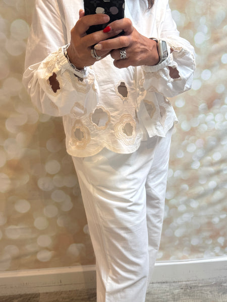 2 Piece Cut Out Embroidered Palazzo Trouser / Shirt set