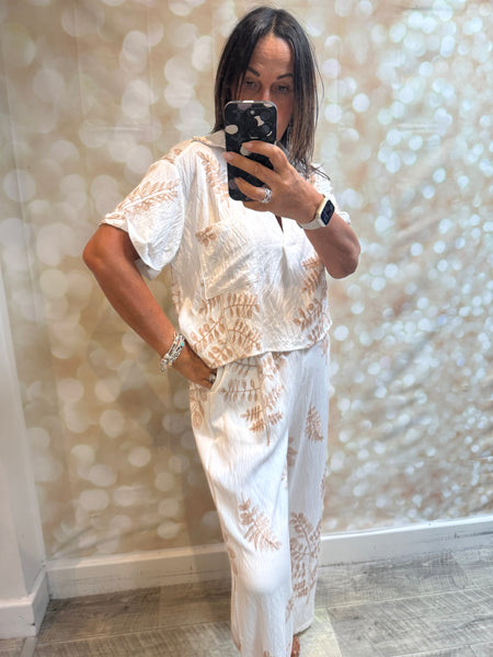 2 Piece Embroidered Leaf Palazzo Trouser / Shirt set